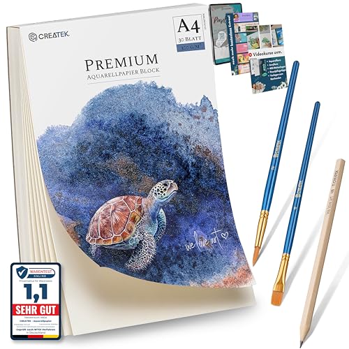 CreaTek Aquarellpapier A4 300g mit 30 Blatt [ Premium Qualität für brillante Aquarelle ] Naturweiß & Kaltgepresst Aquarellblock A4 300g inkl. Gratis Zubehör & Videokurs - Aquarell Papier A4