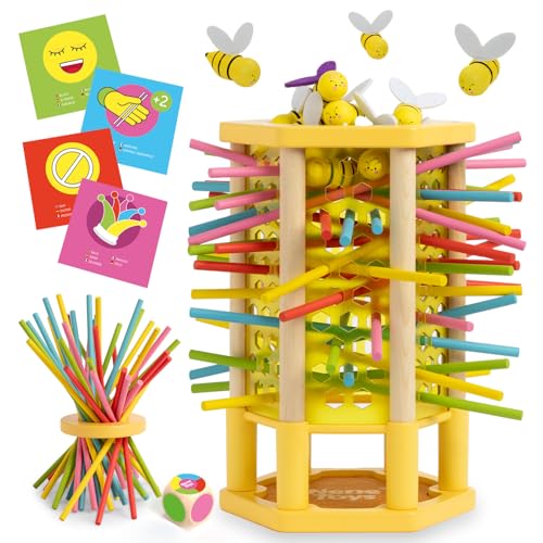 Nene Toys BEEFALL, 4-in-1 Lernspiel mit Bienen, Montessori Spielzeug ab 3 Jahren mit bunten Stäben, Würfeln & Karten - Holzspiel für Jungen & Mädchen 3-9 Jahre - Pädagogisches Familienspiel