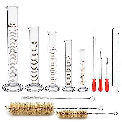 Messzylinder Glas, JESSTOLO 13 Stück Dickglas Graduierten Glasmesszylinder Set Chemistry Messung Werkzeuge mit 5 Meßzylinder 5ML 10ML 25ML 50ML 100ML, 3 Waschbürste, 3 Glas Pipetten und 2 Glasstab