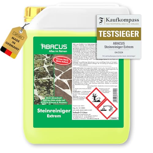 ABACUS® Steinreiniger Extrem, intensiver Steinreiniger für außen mit Sofortwirkung, entfernt sofort Schmutz, Grünbelag, Flechten & Algen in Minuten, Steinreiniger Intensiv außen 5 Liter
