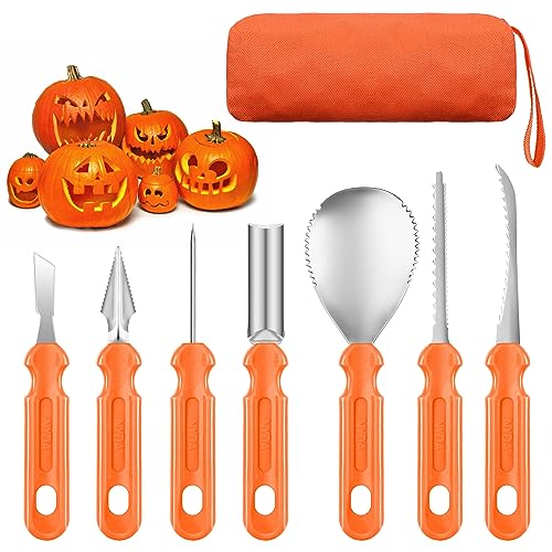 Royouzi Halloween Kürbis Schnitzset, 7 Stück Kürbis Schnitzen Set DIY Halloween Dekoration Edelstahl Kürbis Schnitzwerkzeuge mit Oxford-Stoff Tragetasche für Kinder und Familie