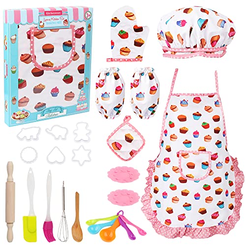 Vanmor Kids Cooking and Baking Sets, 24 Pcs Kids Aprons for Girls Toddler Chefkoch Mütze Schürze Dress Up Chef Kostüm, kleine Mädchen Schürze Sets Pretend Geschenke für 3 4 5 6 7 8 Jahre alte Mädchen