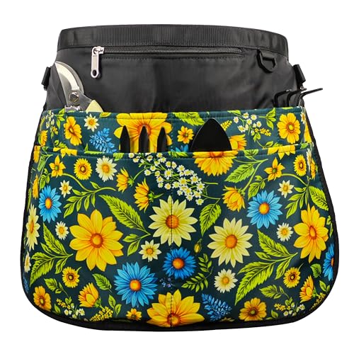 Bafelia Gartenschürze für Damen mit 7 Taschen, halbe Floristenschürze, Ernteschürze, Grüne Blumen, 21*15in