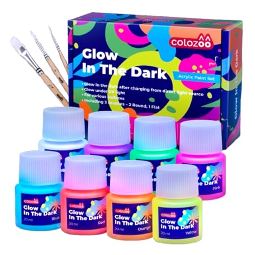 colozoo Glow in the Dark Acryl Farben Set | 8x20ml Fluoreszierende Farbe + 3 Pinsel | Die Nachtleuchtend Acrylfarben sind Dauerhaft auf jede Oberflächen