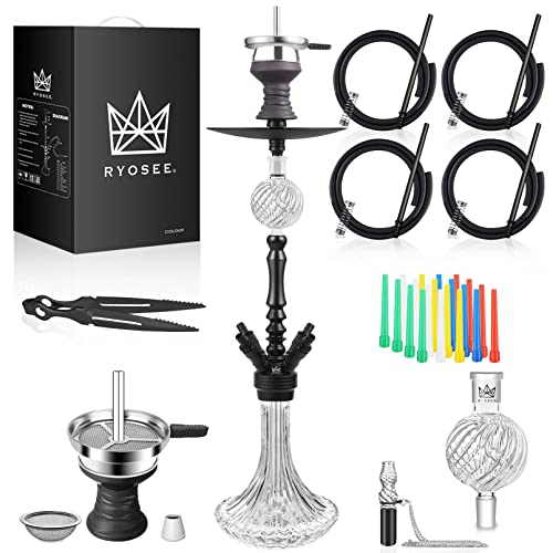 RYOSEE Shisha-Set 80cm, ein komplettes Set an Shisha-Zubehör, 4 Schläuche und Griffe, Stützrohr aus Aluminiumlegierung, Kohleclip, Zigarettenspitze aus Glas (Schwarz)…