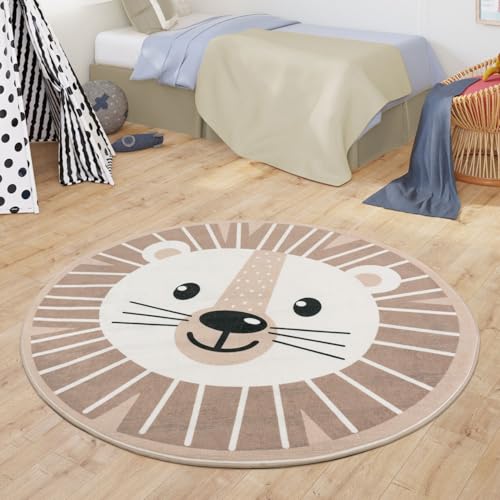 TT Home Teppich Kinderzimmer Kinderteppich Babymatte Für Jungs Und Mädchen Rund Modern, Farbe:Beige, Größe:Ø 80 cm Rund