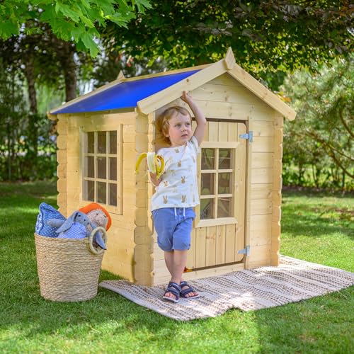 Timbela M570M-1 Kinderspielhaus aus Holz -Spielhaus im Freien für Kinder - 111x113xH121 cm/0.9 m2 Gartenspielhaus - Garten-Sommerhaus für Kinder (Die Dachfarbe ist blau)