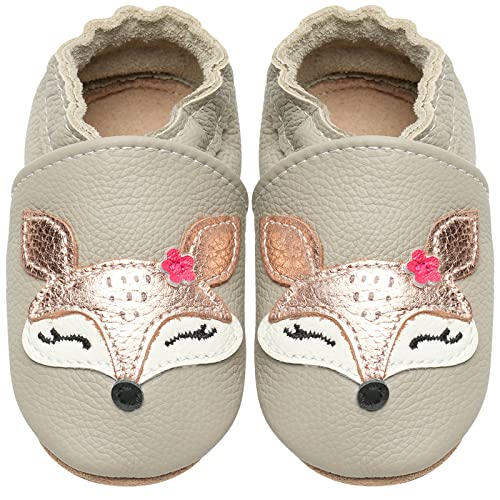 IceUnicorn Krabbelschuhe Baby Lauflernschuhe Jungen Mädchen Weicher Leder Babyhausschuhe Kleinkind Rutschfeste Lederschuhe Baby(Hellgrauer Fuchs, 6-12 Monate)