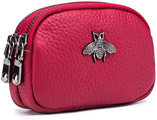 Damen Leder Geldbörse - Doppelreißverschluss Bee Change Pouch Brieftasche Kartenhalter Münztasche Mini Einfache süße Münztasche nützlich für Damen Frauen (Rosen Rot)