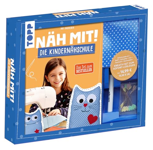 Kreativ-Set: Näh mit! Die Kindernähschule: Buch (48 S., DIN A5, Softcover), Vorlagen, Urkunde Nähmaschinenführerschein, Stoff für ein Modell, Filz, Stecknadeln, Textilstift