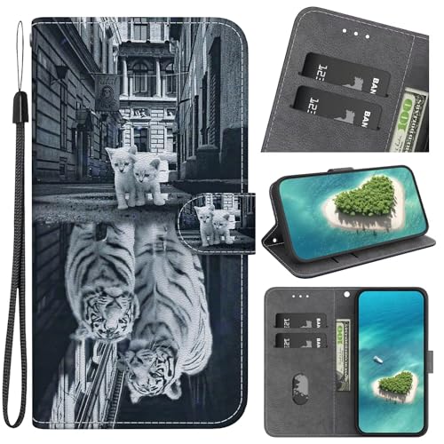 Rnrieyta Miagon Kickstand Flip PU Leder Schutzhülle für Samsung Galaxy S24,Niedlich Muster Hülle Brieftasche Case Cover Ständer mit Kartenfächer,Katze Tiger