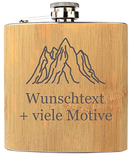 Flachmann mit Gravur, Name + Motiv, Geschenk für Männer + Frauen, Schnapsgeschenk in Holz Optik, aus Edelstahl + Bambus, Füllmenge 175 ml, Geschenke personalisiert von Geschenkissimo