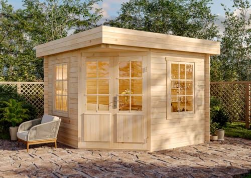Alpholz 5-Eck Gartenhaus Monica-28 aus Massiv-Holz | Gerätehaus mit 28 mm Wandstärke | Garten Holzhaus inklusive Montagematerial | Geräteschuppen Größe: 300 x 300 cm | Flachdach