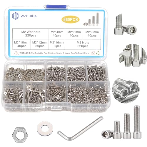 WZHUIDA 660 Stück M2 Schrauben Muttern und Unterlegscheiben Sortiment Kit, Edelstahl Sechskantschrauben, Innensechskant Schrauben Set, Sechskopf-Knopf Schrauben Muttern mit Schraubenschlüssel