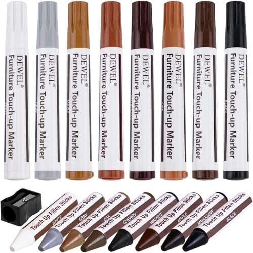 DEWEL Möbel Reparaturset Holzmarker, 17 Pack Holzmöbel Reparaturset, Reparaturmarker und Wachsstäbchen für Kratzer und Schrammen in Hartholzböden, Tischen