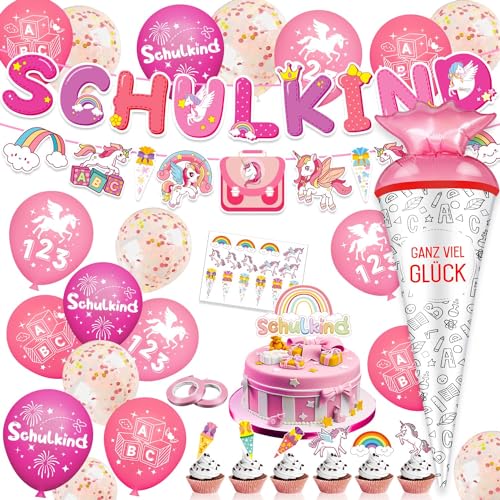 Maqhpu Einhorn Einschulung Deko, Deko Einschulung Mädchen Junge, Schulanfang Deko, Rosa Schulkind Banner + Einhorn Girlande + Schultüte Folienballon + Zuckertüte Luftballons mit ABC 123 + Tortendeko