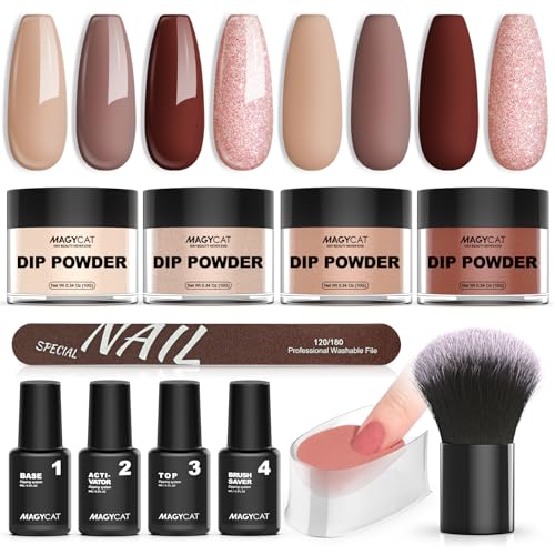 Dip Powder Nail Kit Starter 4 Colors Fall Winter Nude Glitter Dipping Powder Liquid Set With Base&Acti-Vator Top Coat Brush Saver For Nail Dip Art DIY Kit at Home