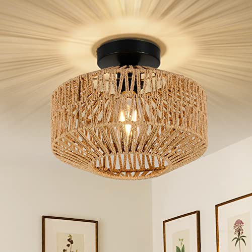 Rayofly Rattan Deckenlampe Hängend, Boho Deckenleuchte mit Rattan Lampenschirm, Vintage Bambus Deckenlampe, Rustikal Rattan Deckenleuchte Wohnzimmer, Boho Korb Lampe für Schlafzimmer Küche Flur