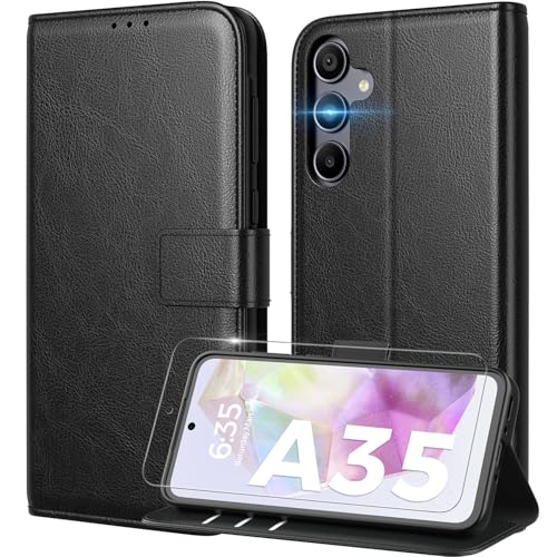 Peakally Handyhülle für Samsung Galaxy A35 5G Hülle [mit Panzer Schutz Glas], [RFID-Blockierung] Premium PU Leder Schutzhülle, Multifunktional Klapphülle kompatibel mit Galaxy A35 - Schwarz