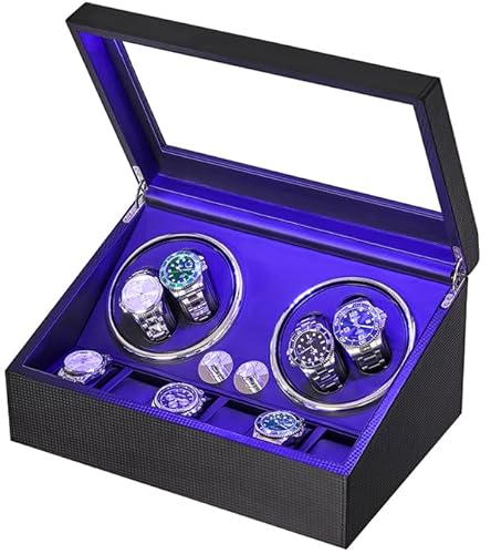 ANWBROAD Uhrenbeweger 4 Uhren+6 extra Speicherplätze Uhrendreher Automatikuhren 4 Drehmodis mit Super Leisem Mabuchi Automatik Uhrenbeweger Watch Winder Uhrendreher Karbonfaser USB-Aufladung JWW002F