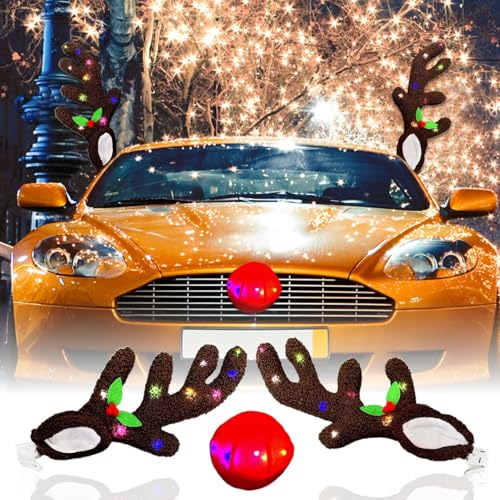 Rentier Auto Weihnachtsdekor, Weihnachtsdeko Auto, Rentiergeweihe Auto Weihnachtsdeko, Rentier-Set mit LED-Lichtern, lustiges Auto-Zubehör