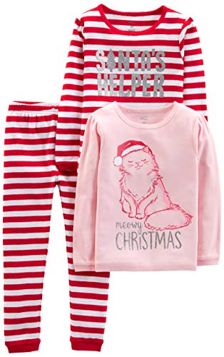 Simple Joys by Carter's Unisex Kinder 3-Piece Snug-Fit Cotton Christmas Pajama Set Pyjamaset, Rosa Katze/Rot Streifen, 4 Jahre (3er Pack)