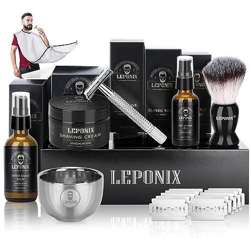 Nassrasierer Herren, Bartpflege Set für Männer inkl Safety Razor, Rasierpinsel,Rasiercreme After Shave Balsam, Pre Shave, Rasierschale,Rasierschürze, Rasierhobel Geschenkset