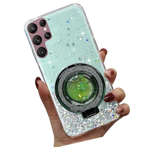 Tivenfezk Nadoli Sparkle Treibsand Ständer Hülle für Samsung Galaxy S21 Ultra,Versteckt Ständer Ring Klar Glitzer Stern Handyhülle Durchsichtig Bling Schutzhülle Case Cover,Grün