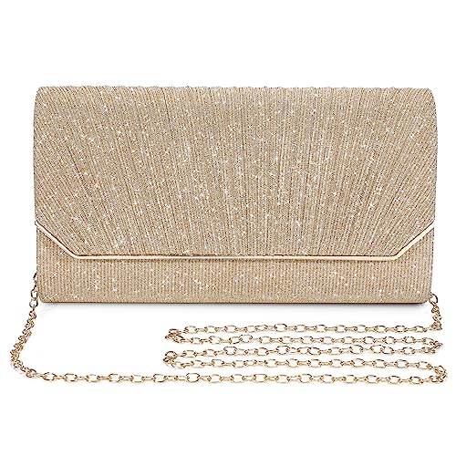 BAIGIO Elegante Abendtasche Damen Clutch Umhängetasche Klein Handtasche Brauttasche mit Glitzer und Abnehmbarer Kette, Frauen Kettentasche für Hochzeit Party Cocktail Abschlussball Freizeit (Golden)