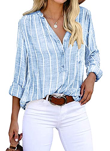 Cindeyar Bluse Damen Langarm Streifen Oberteile Casual Langarmshirt Tops Lose Baumwolle Tunika Hemd (L, Blau)