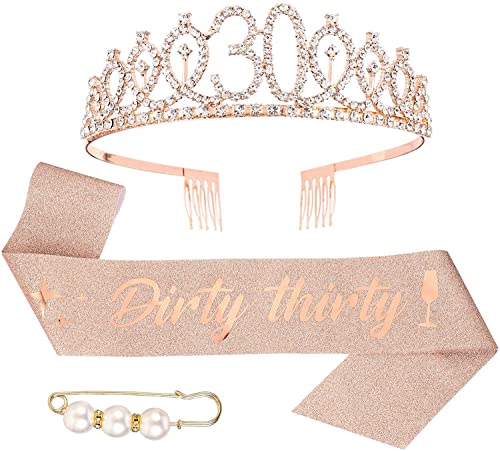 Veraing "Dirty Thirty " 30. Geburtstags-Krone Schärpe Set, Roségold Geburtstags Tiara für Frauen Birthday Crown Prinzessin Haar-Zusätze für Frauen Party Accessoires