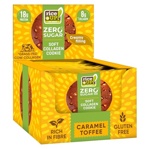 RiceUP! Eat Smart Weicher Protein Keks mit Kollagen – Toffee-Caramel-Geschmack, 10 x 60g | 8g Kollagen-Peptide (Typ I+III), 18g Protein, ohne Zuckerzusatz | GLUTENFREI (10 x 60g, Toffee)