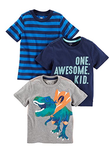 Simple Joys by Carter's Baby Jungen 3-Pack Short-Sleeve Tee T-Shirt, Blau Streifen/Grau Dinosaurier/Marineblau Textaufdruck, 2 Jahre (3er Pack)