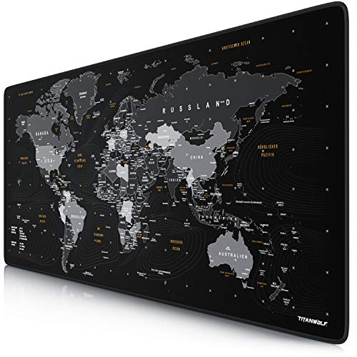 TITANWOLF - DEUTSCHES Layout - Titanwolf XXL Gaming Mauspad 900x400x3 mm - Schreibtischunterlage Gross - XXL Mousepad Gaming und Office - Weltkarte schwarz