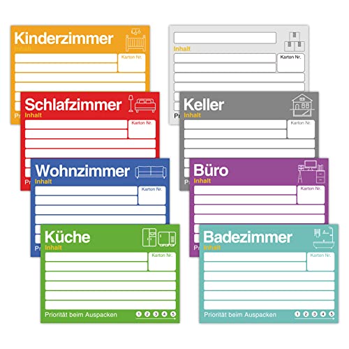 PAPERKIDDO 80 Stück Umzugsetiketten 15 x 10cm, Umzugsaufkleber zum Beschriften von Umzugskartons, 8 Farben Aufkleber Bunte Etiketten Selbstklebend Sticker für Übersicht beim Umzug