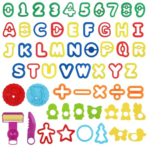 DOITEM Knetwerkzeug Teig Plastilin Werkzeuge für Kinder Briefformen, Zahlenformen, Knete Zubehör Ausstechformen Küchenspielzeug, 56 PCS
