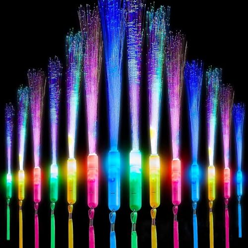 Funmo 12 Stück Bunte LED Leuchtstäbe, Glasfaser Leuchtstab, Leuchtstäbe Bunte, Leuchtwedel Party Set mit Multicolor Licht, 3 Modi Blinkende für Kinder Weihnachten, Party, Konzert, Hochzeit