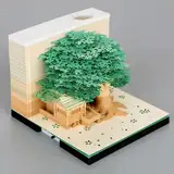 MEICHI 3D Notizblock, nicht verklebt, 3D Baumhaus (Grün) Papierkunst mit Anzeigebox glasklar, 9 x 9 x 6 cm, 260 Blätter, Tischdeco