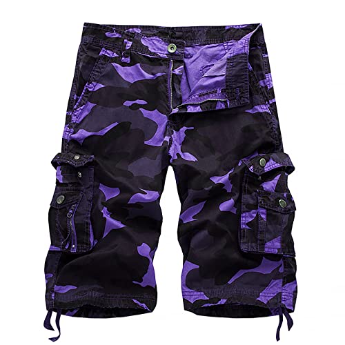 NHNKB Herren Hosen Lose lässige europäische und amerikanische Arbeitskleidung für Herren, Camouflage-Shorts, große Multi-Pocket-Fünf-Punkt-Hose Herren Kleidung Modern (Purple, 31)