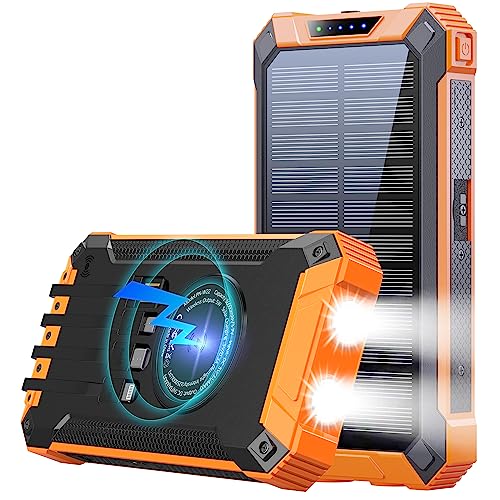 GOODaaa Wireless Solar PowerBank 26800mAh mit 6 Ausgänge 4 Eingänge Solarladegerät 15W Schnellladung Tragbares Ladegerät für alle Mobilen Geräte mit Zwei Taschenlampen und Karabiner