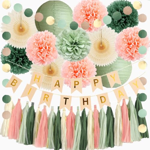 Geburtstagsdeko Pfirsich Salbeigrün Mädchen Deko Geburtstag Frauen Pfirsich Hellgrün Boho Deko Geburtstag Olivgrün Rosa Salbei Happy Birthday Banner Beige Gold mit Quaste Salbeigrün Creme