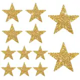 JJUNW Bügelbilder Stern Patches, 12 Stück Glitzer Strass Flicken zum AufbüGeln, Stern Aufbügelbilder Aufkleber 8/6/4cm Strass Star Applikation Aufnäher für DIY Kleidung Hose Hut Schuh Rucksack(Gold)