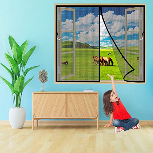 Fliegengitter Fenster Moskitonetz 205x225 cm Magnet Fliegengitter BalkonFenster, Kinderleichte Klebemontage Ohne Bohren, für Küche Schlafzimmer Hof Wohnzimmer Schwarz Z
