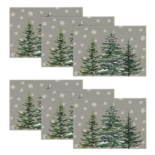 Artoid Mode Grau Kiefern Schneeflocken Weihnachten Platzsets 6er Set, 30x45cm Urlaub Winter Tischsets Waschbar Platzdeckchen Küche Party Deko