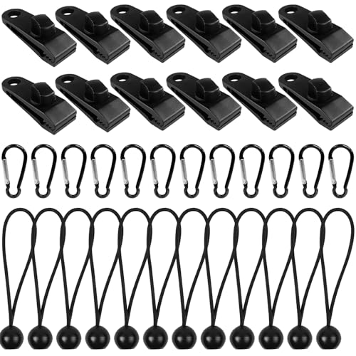 Gentpovth 36 Stück Tarp Clips Set, Zeltplane Clips Planenbefestigung, 12 Stück Planenspanner Tarp Clips + 12 Nylon Zelt Bungees Schnüre + 12 Karabiner Clips, für Hängematte,Camping,Picknick,Wandern