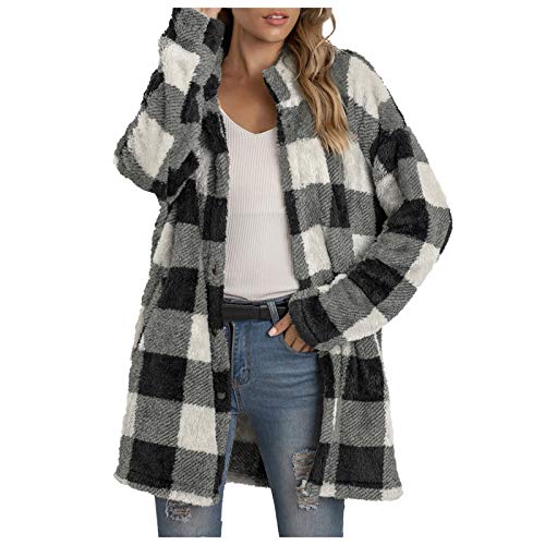 DeaAmyGline Fleecejacke Damen Lang Karierte Winter Jacke Mantel Parka Cardigan Plüschjacke Plüschmantel Wintermantel Winterjacke Fleece Jacken Damenjacken Teddyjacke für Frauen