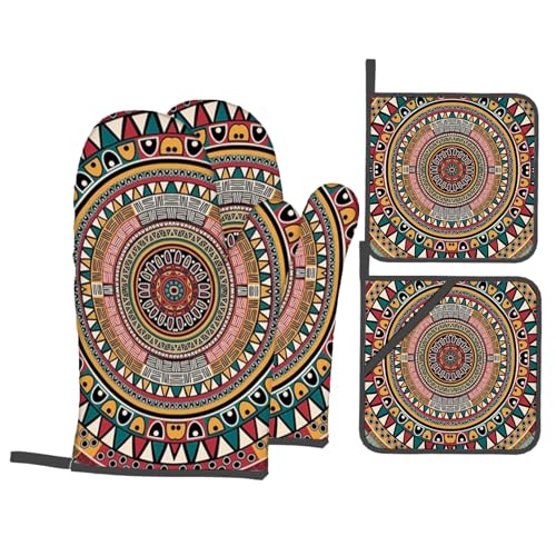 Ukrainisches Thema, Ofenhandschuhe und Topflappen, Traditionelle ukrainische Bordüren, Grillhandschuhe, Kochhandschuhe zum Kochen, Backen, Grillen, Rot, Weiß, Schwarz, 3-teiliges Set