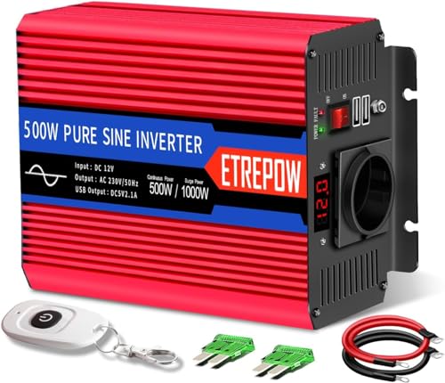 ETREPOW Wechselrichter 500w 12V auf 230v Reiner Sinus Spannungswandler mit 1 EU-Steckdosen und einem 2.1A USB, Funkfernbedienung, Digitalanzeige und Lüftern Spitzenleistung 1000w