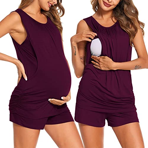 Ekouaer Damen Stillpyjama Zweiteiliger Stillen Schlafanzug Ärmellos Umstandsmode Ärmellos Stillshirt und Hose Maroon L