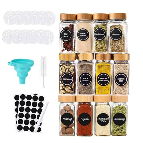 Gewürzgläser Eckig 120ml, Gewürzgläser mit Streueinsatz, Bambusdeckeln, Etiketten in Schwarz | Gewürzbehälter Set, Gewürzaufbewahrung, Gewürz Gläser, Mit Trichter,,Reinigungsbürste- 12-teiliges Set